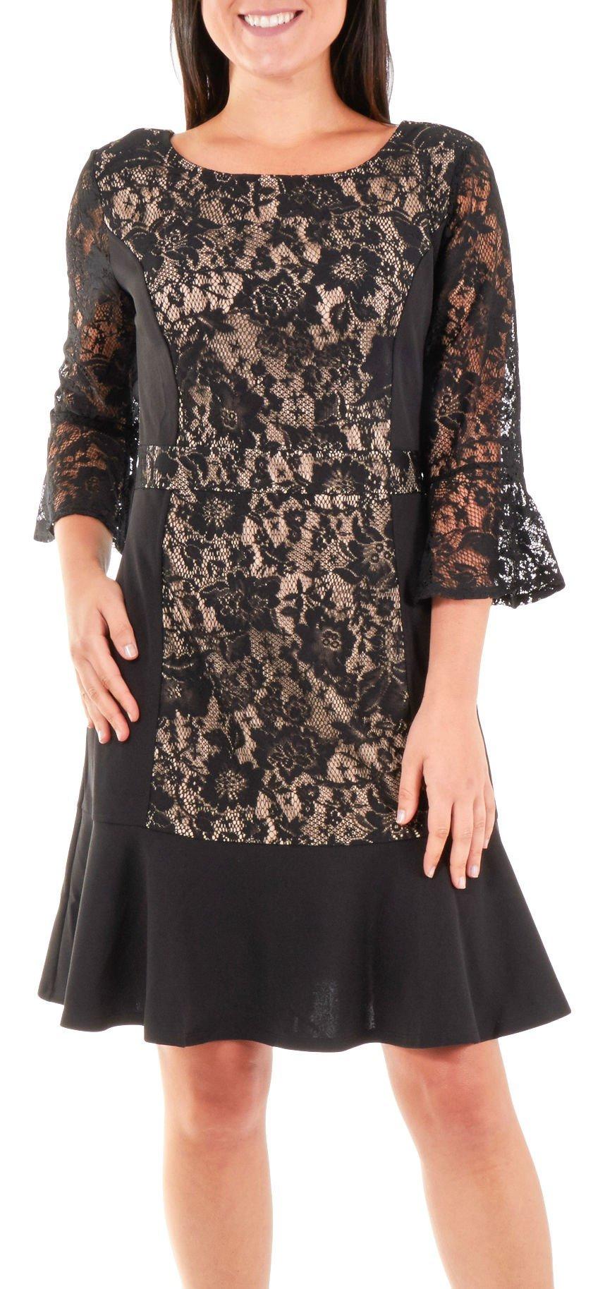 Black lattice front flare shop sleeve lace sheath dress