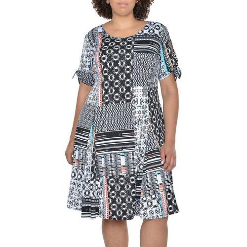 NY Collection Plus Tie-Sleeve Print Godet Dress