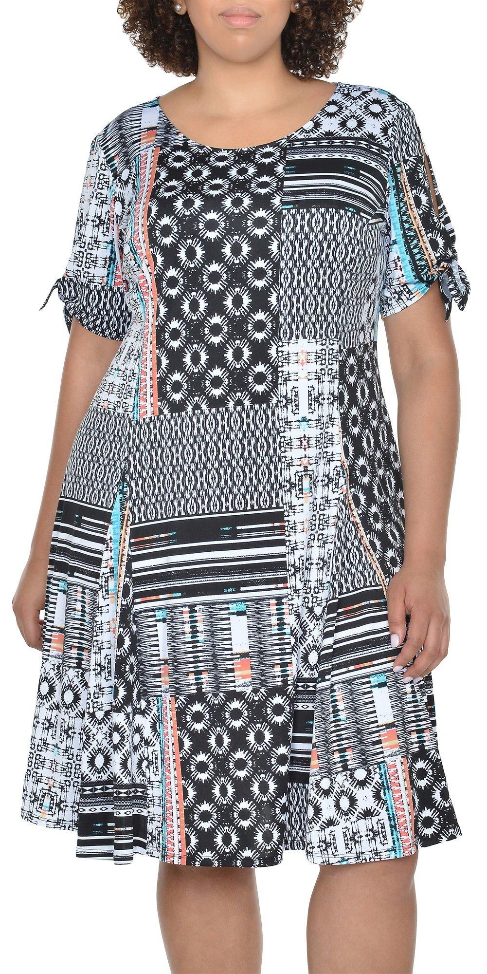Plus Tie-Sleeve Print Godet Dress