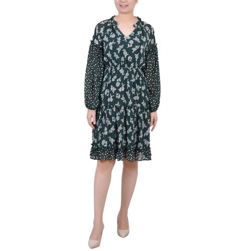 NY Collection Petite Long Sleeve Combo Chiffon Dress