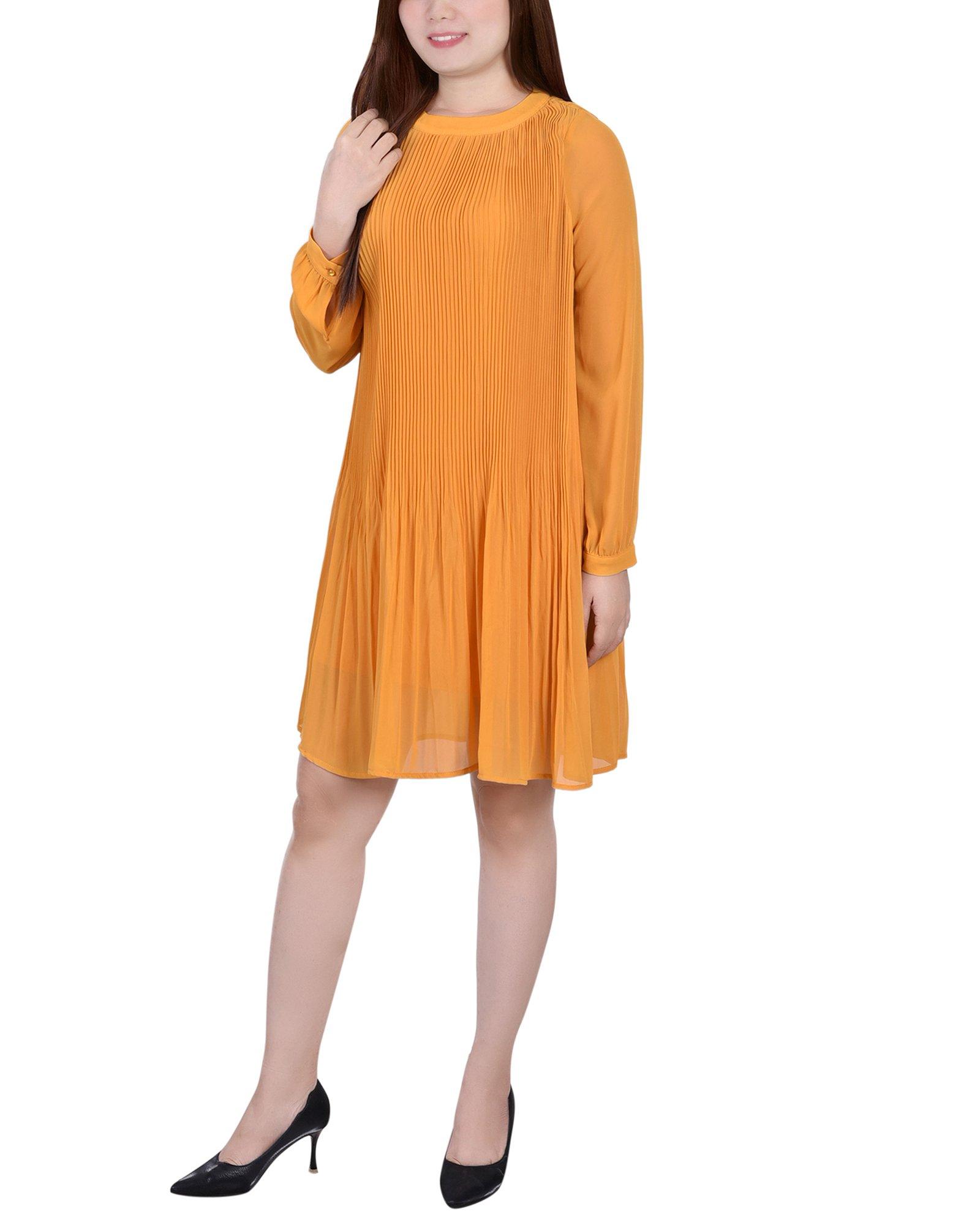 NY Collection Petite Long Sleeve Pleated Dress