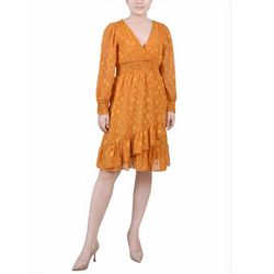 NY Collection Womens Missy Long Sleeve Smocked Waist Dress