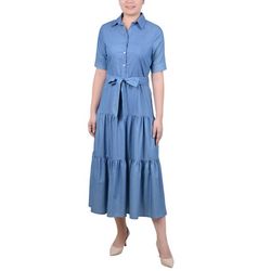 Short Sleeve Belted Chambray Dress.