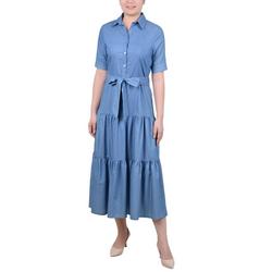 Womens Short Sleeve Belted Chambray Dress