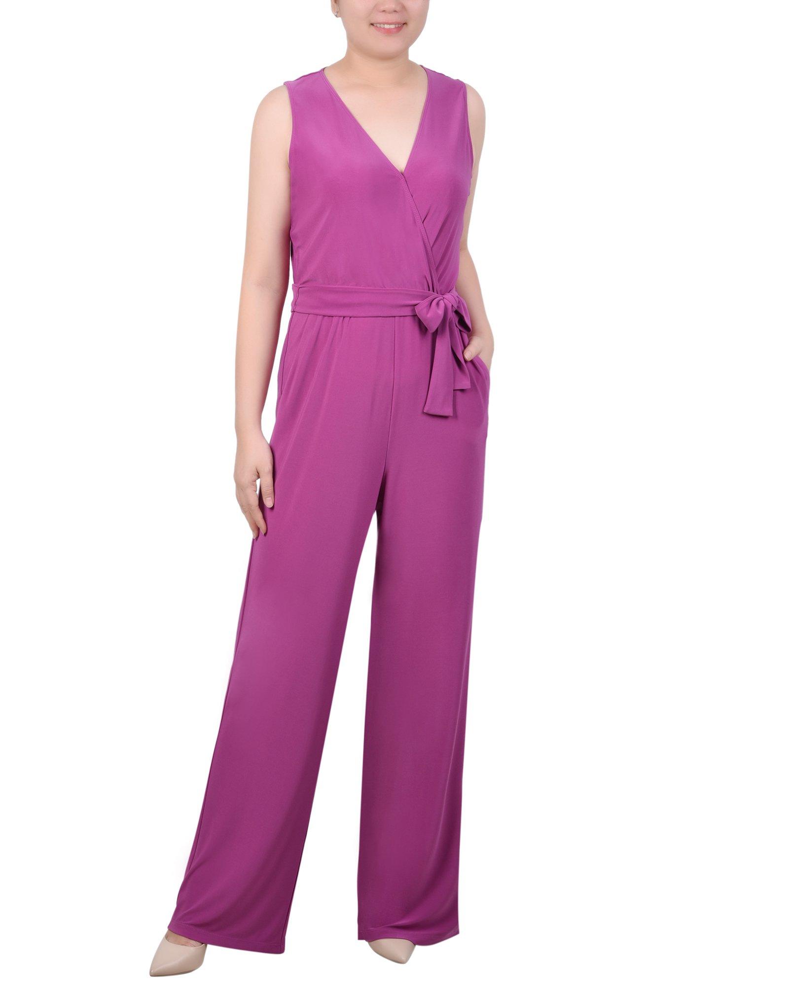 NY Collection Womens Sleeveless Belted Jumpsuit
