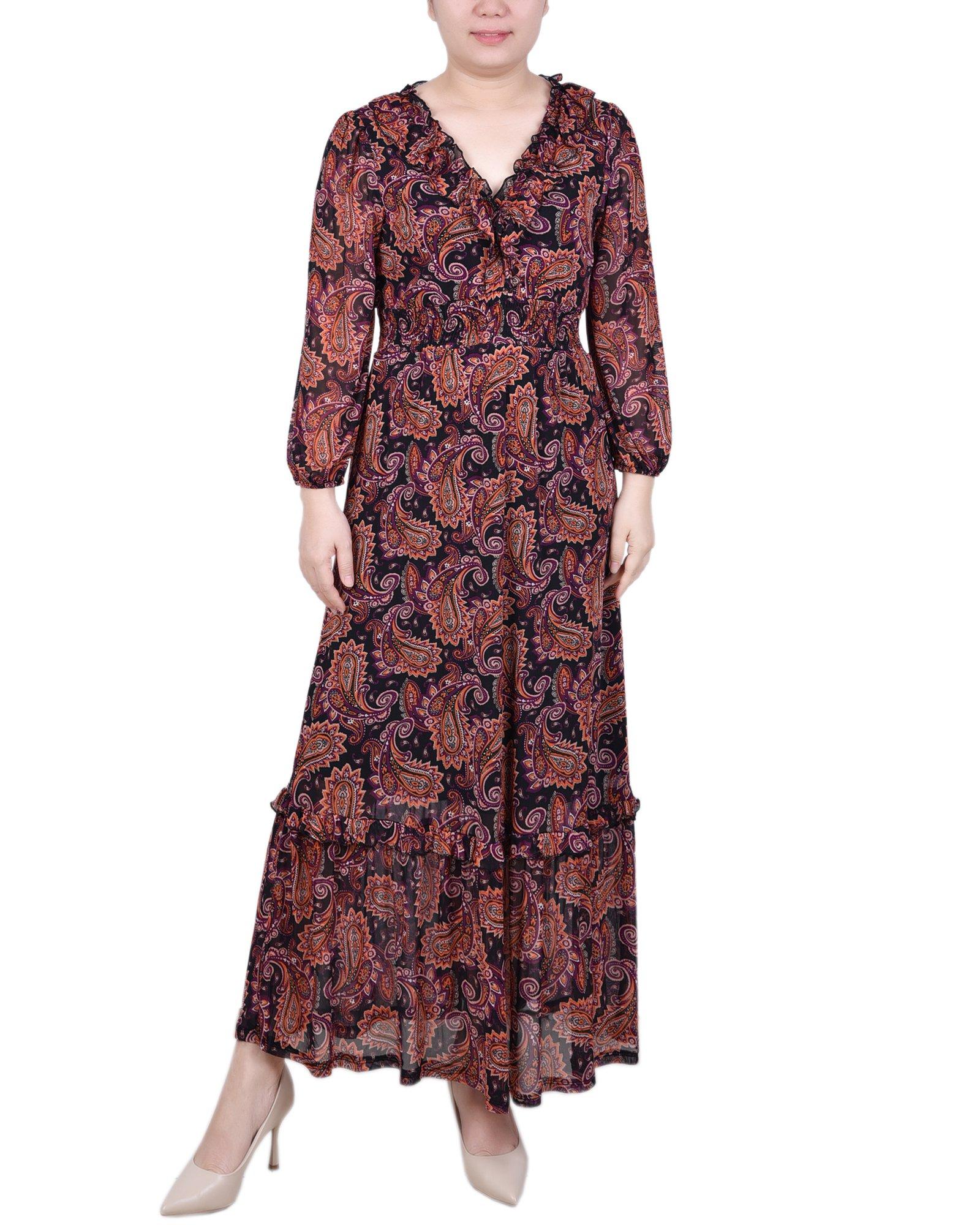 NY Collections Womens Long Sleeve Mesh Maxi Dress