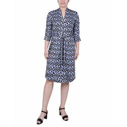 NY Collection Womens Petite Elbow Sleeve Y Neck Dress