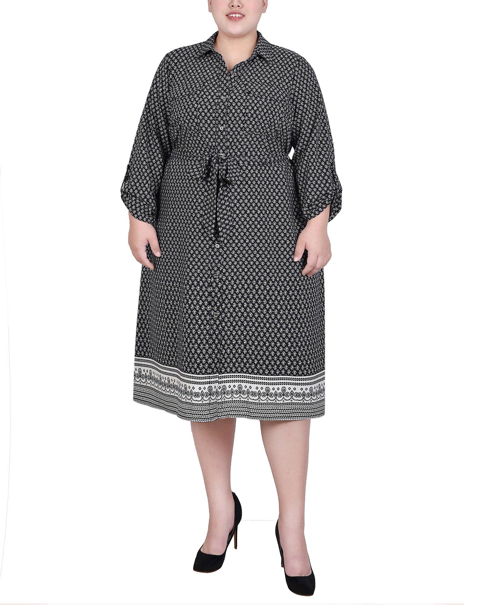 Womens Plus Size 3/4 Roll Tab Sleeve Belted Shirtdress