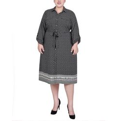 Womens Plus Size 3/4 Roll Tab Sleeve Belted Shirtdress
