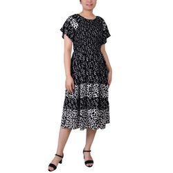 NY Collection Missy Short Sleeve Smocked Combo Print Dress