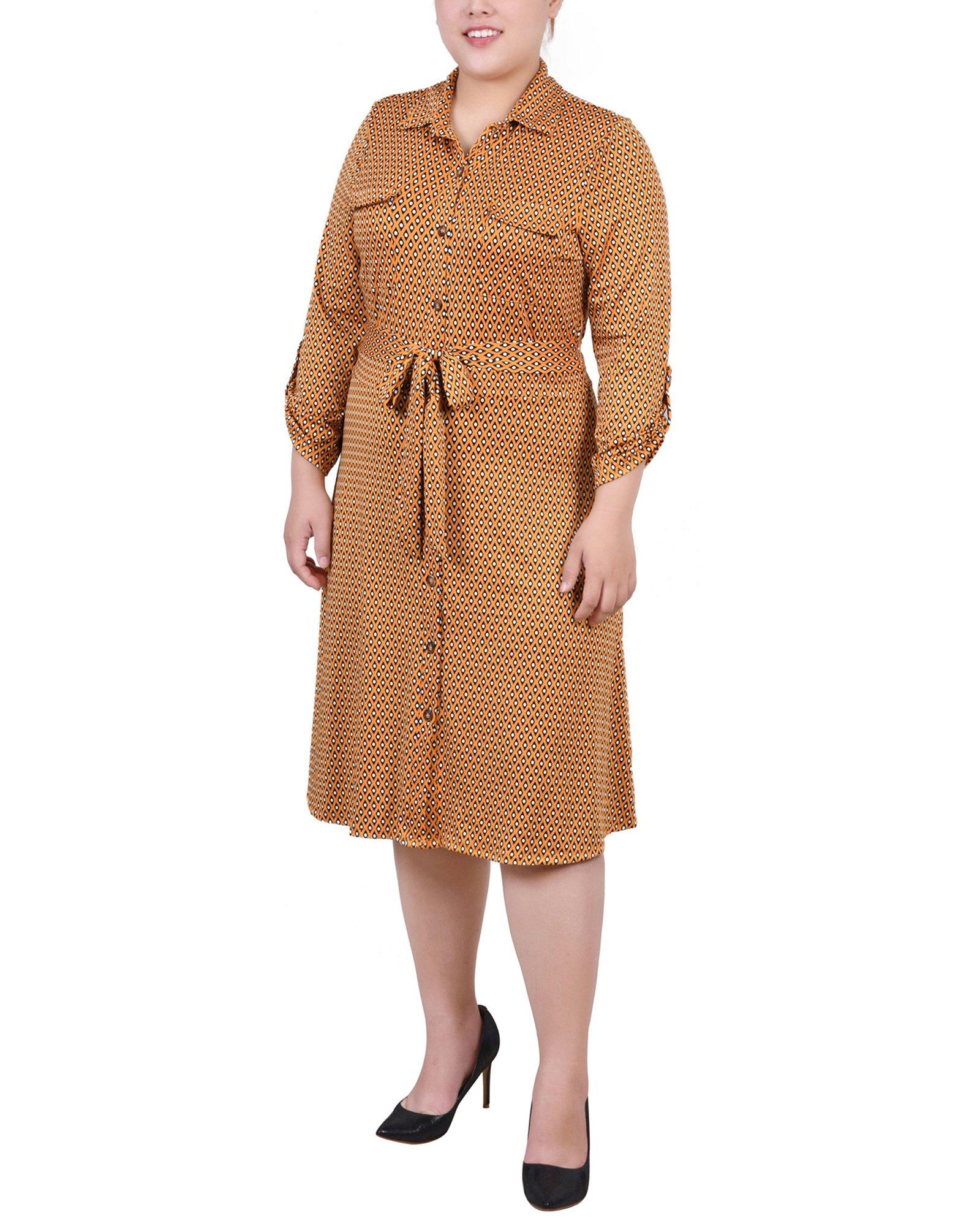 NY Collection Plus 3/4 Sleeve Roll Tab Shirtdress