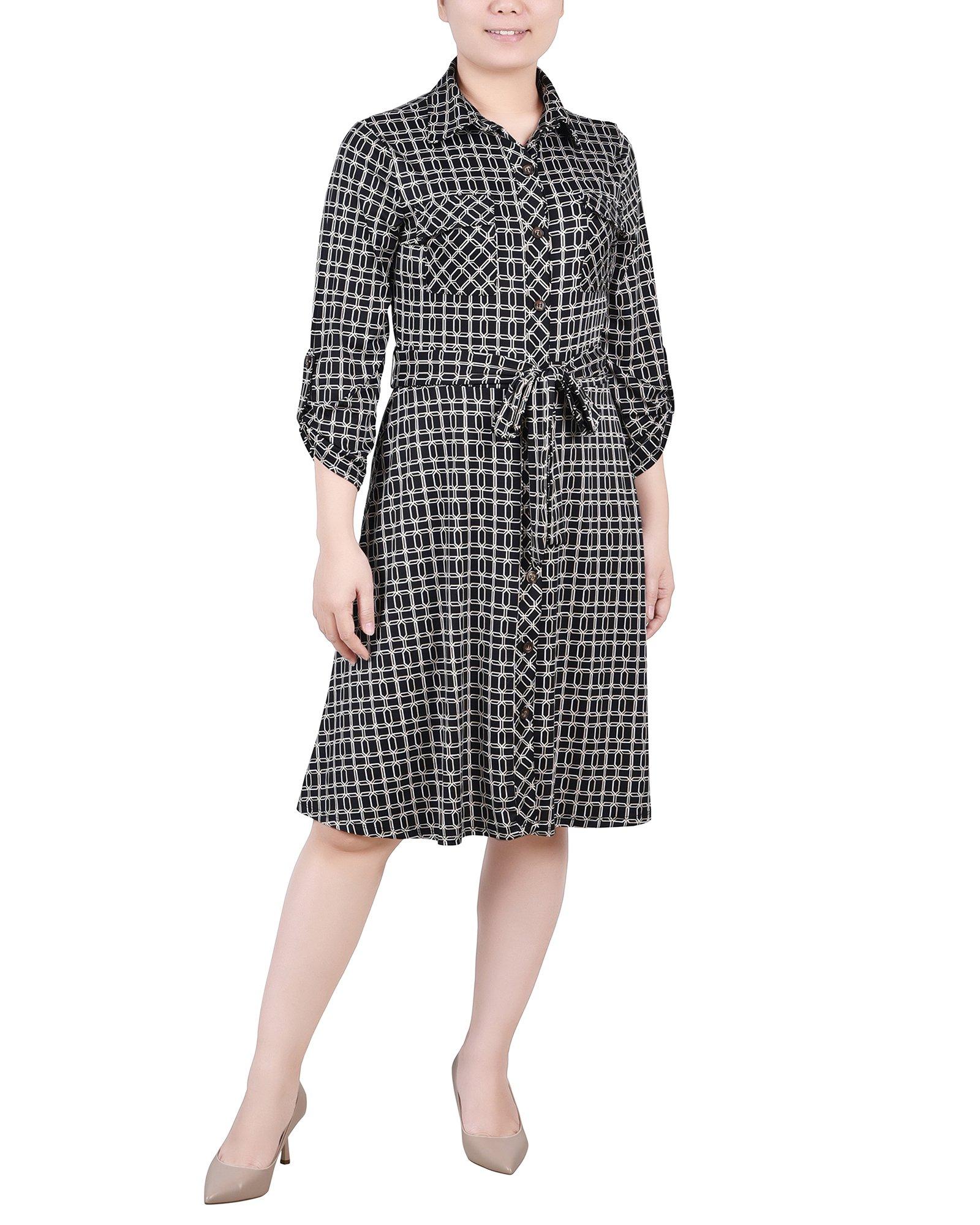NY Collection Womens Missy 3/4 Sleeve Roll Tab Shirtdress