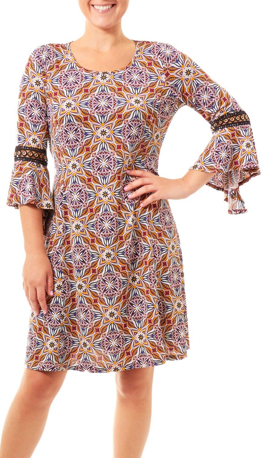 NY Collection Womens Medallion Crochet Bell Sleeve Dress