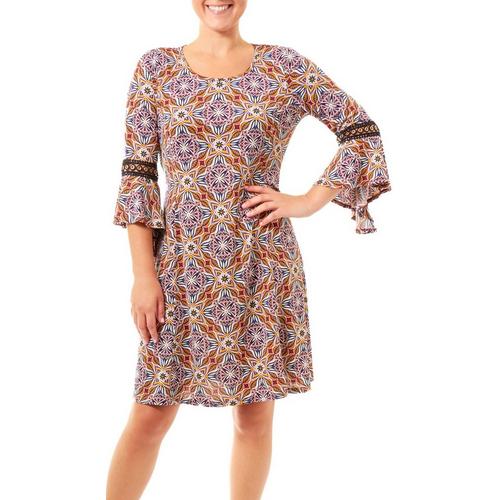 NY Collection Womens Medallion Crochet Bell Sleeve Dress