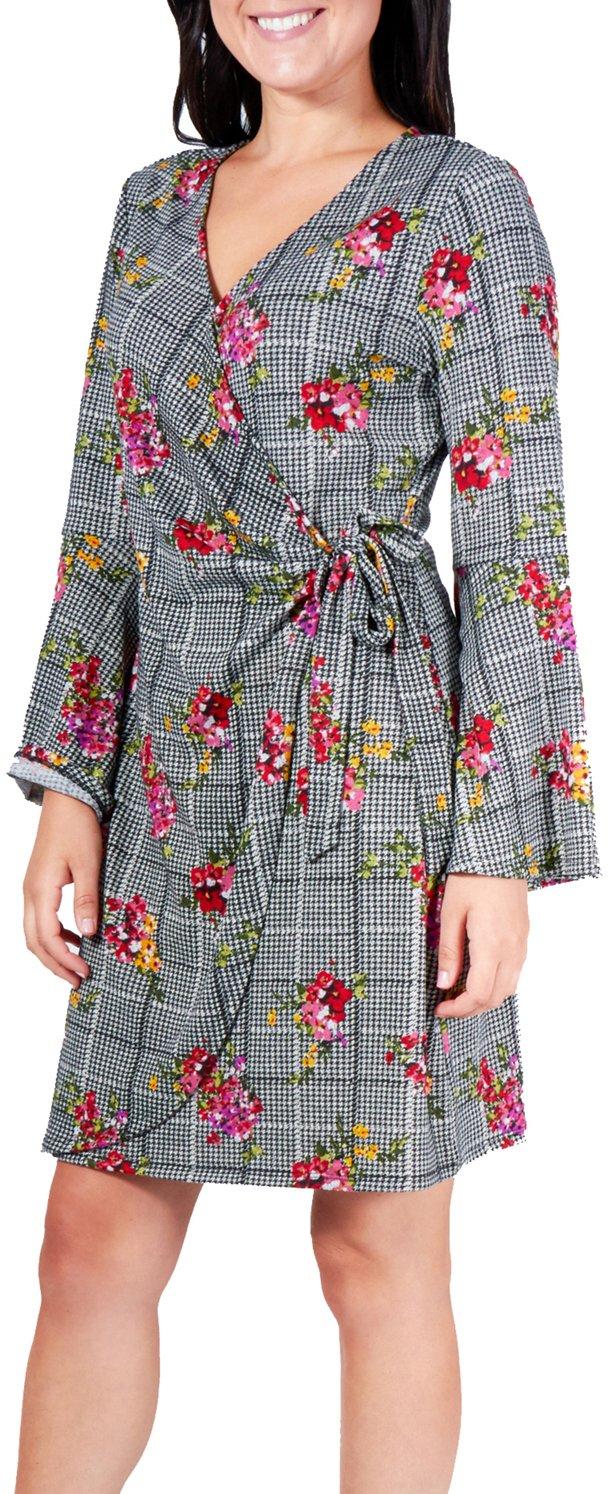 NY Collection Petite Plaid Bell Sleeve Wrap Dress