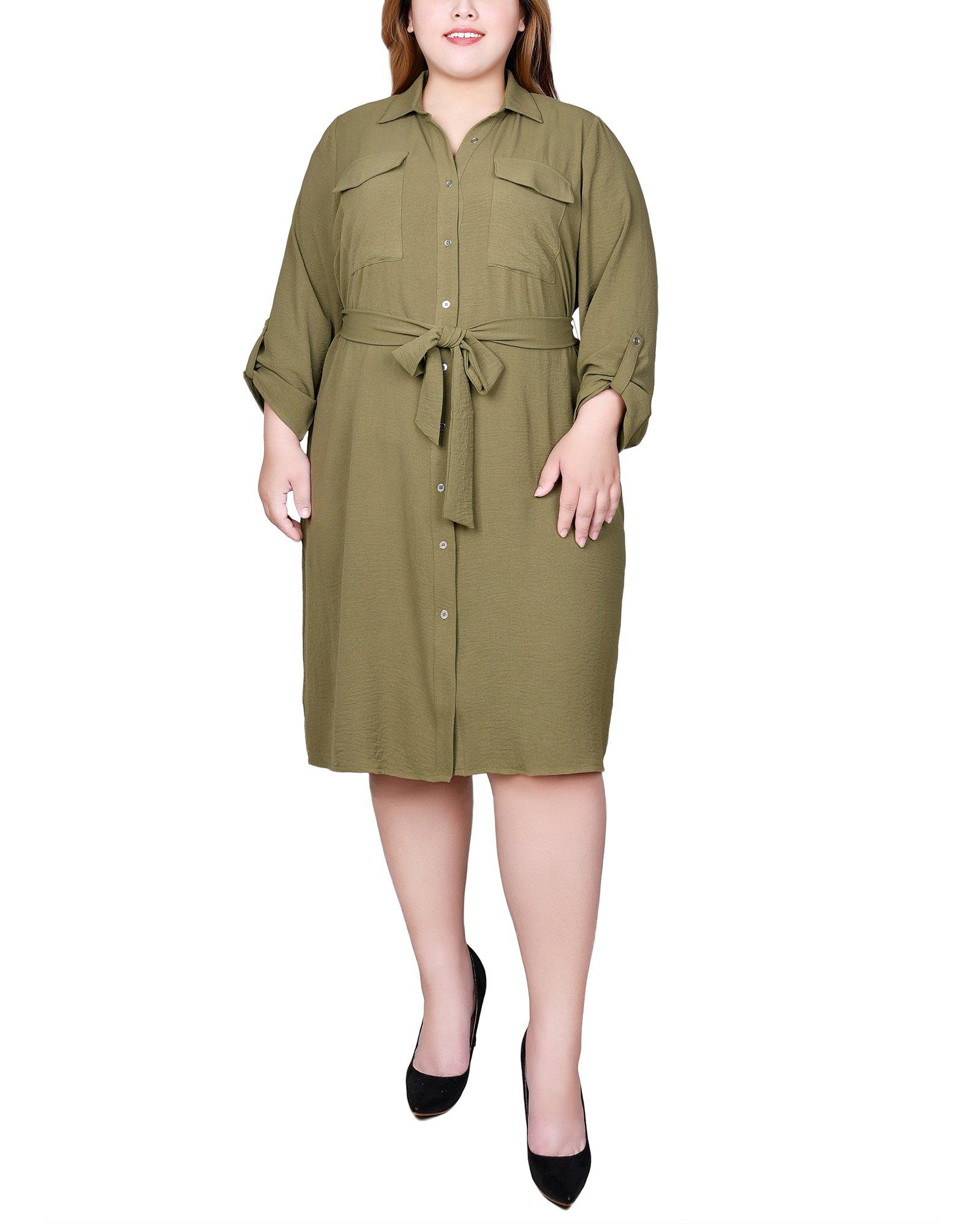 NY Collection Womens Long Roll Tab Sleeve Shirtdress