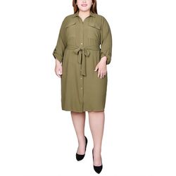 NY Collection Women Long Roll Tab Sleeve Shirtdress