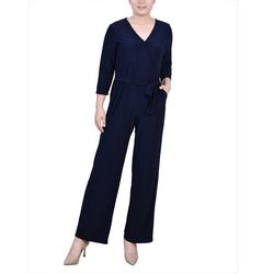 NY Collection Womens Petite 3/4 Sleeve Belted Jumpsuit