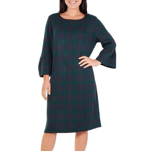 NY Collection Womens Plaid Bell Sleeve Sweater Dress