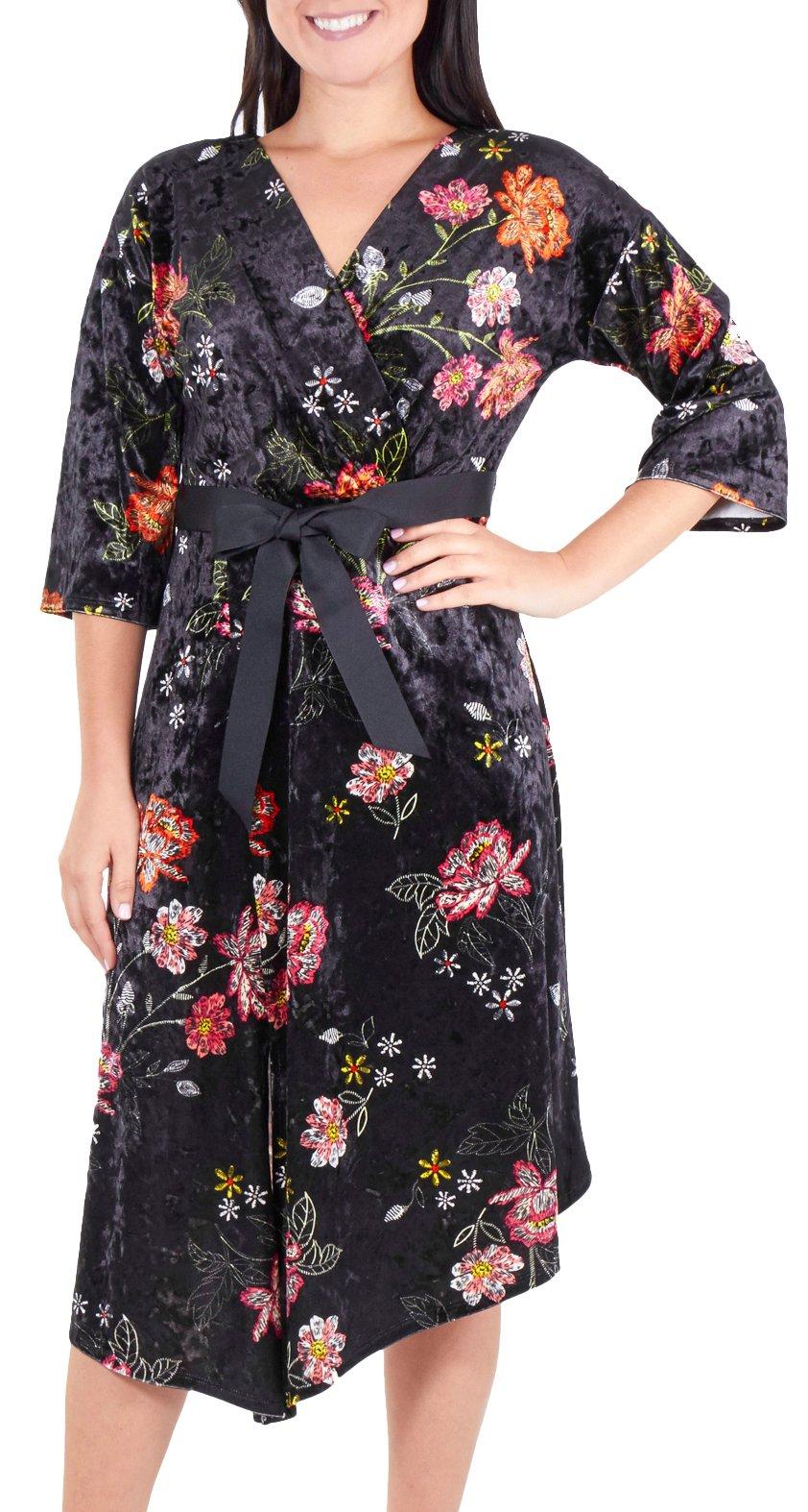 NY Collection Womens Floral Velvet Faux Wrap Dress