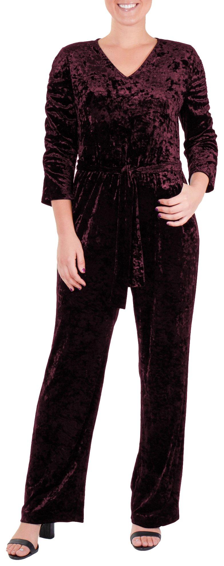 NY Collection Womens Velvet Ruched Sleeve Jumpsuit