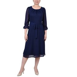 NY Collection Womens 3/4 Sleeve Belted Swiss Dot Dress