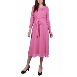 NY Collection Womens 3/4 Sleeve Belted Swiss Dot Dress