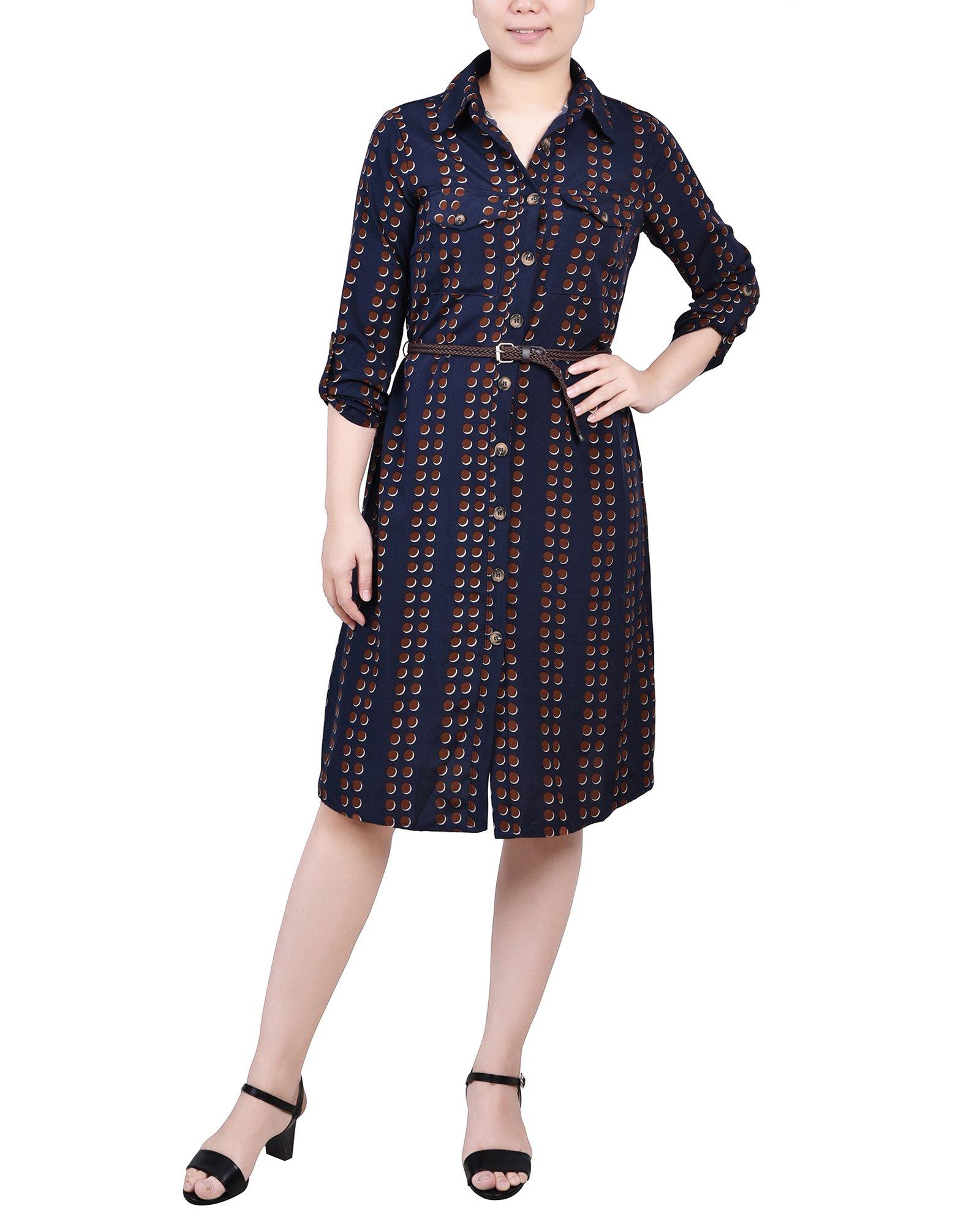 NY Collection Petite 3/4 Roll Tab Sleeve Shirtdress
