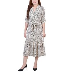 NY Collection Women Missy Long Sleeve Tiered Dress With Belt