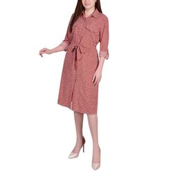 NY Collection Womens 3/4 Roll Tab Sleeve Belted Shirtdress