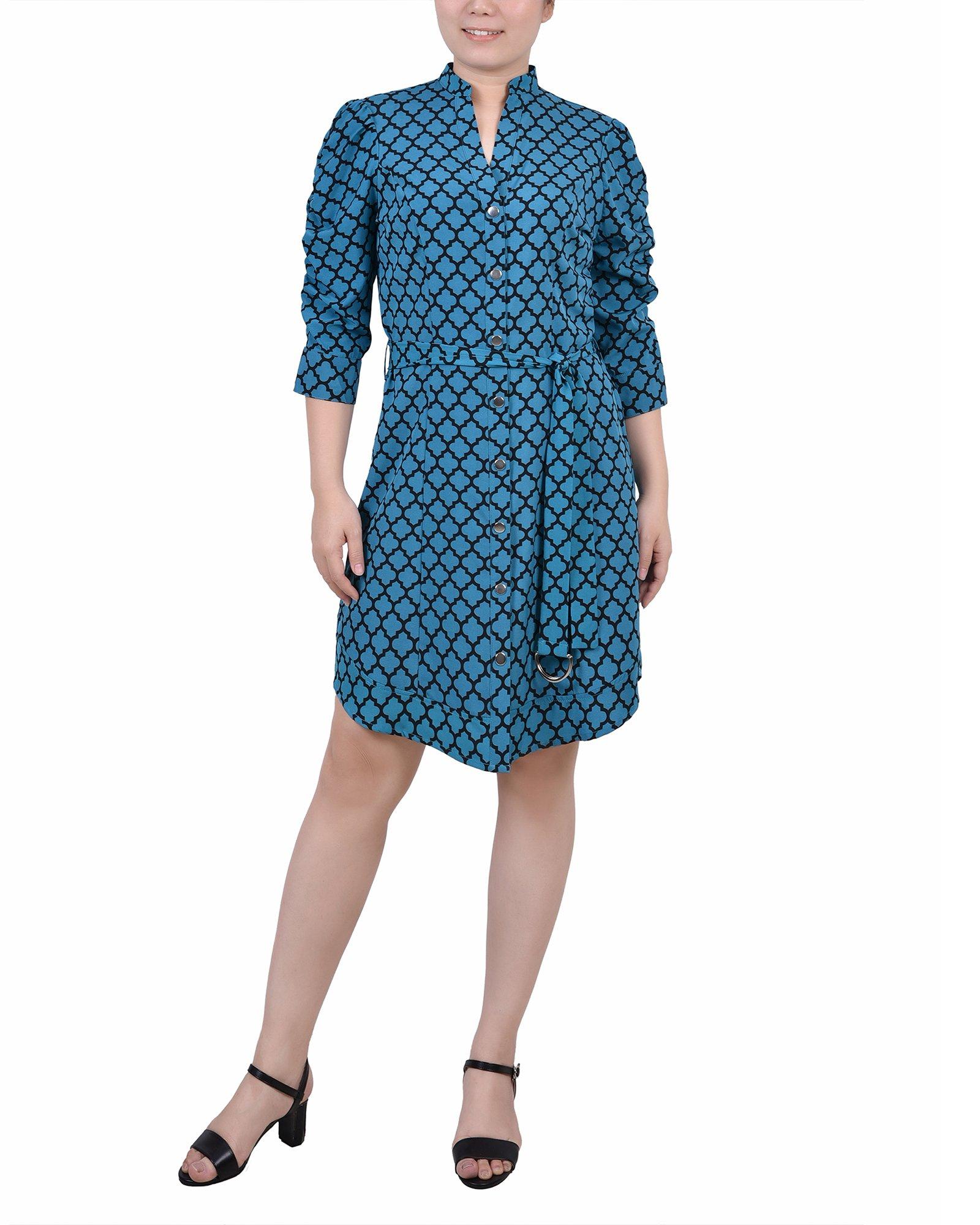 Petite 3/4 Rouched Sleeve Dress With Belt