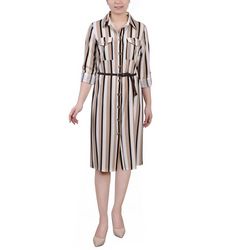 NY Collection Womens Petite 3/4 Roll Tab Sleeve Shirtdress