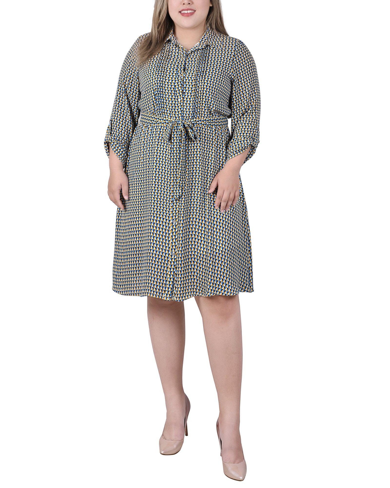 Womens Plus Size Long Roll Tab Sleeve Dobby Dress