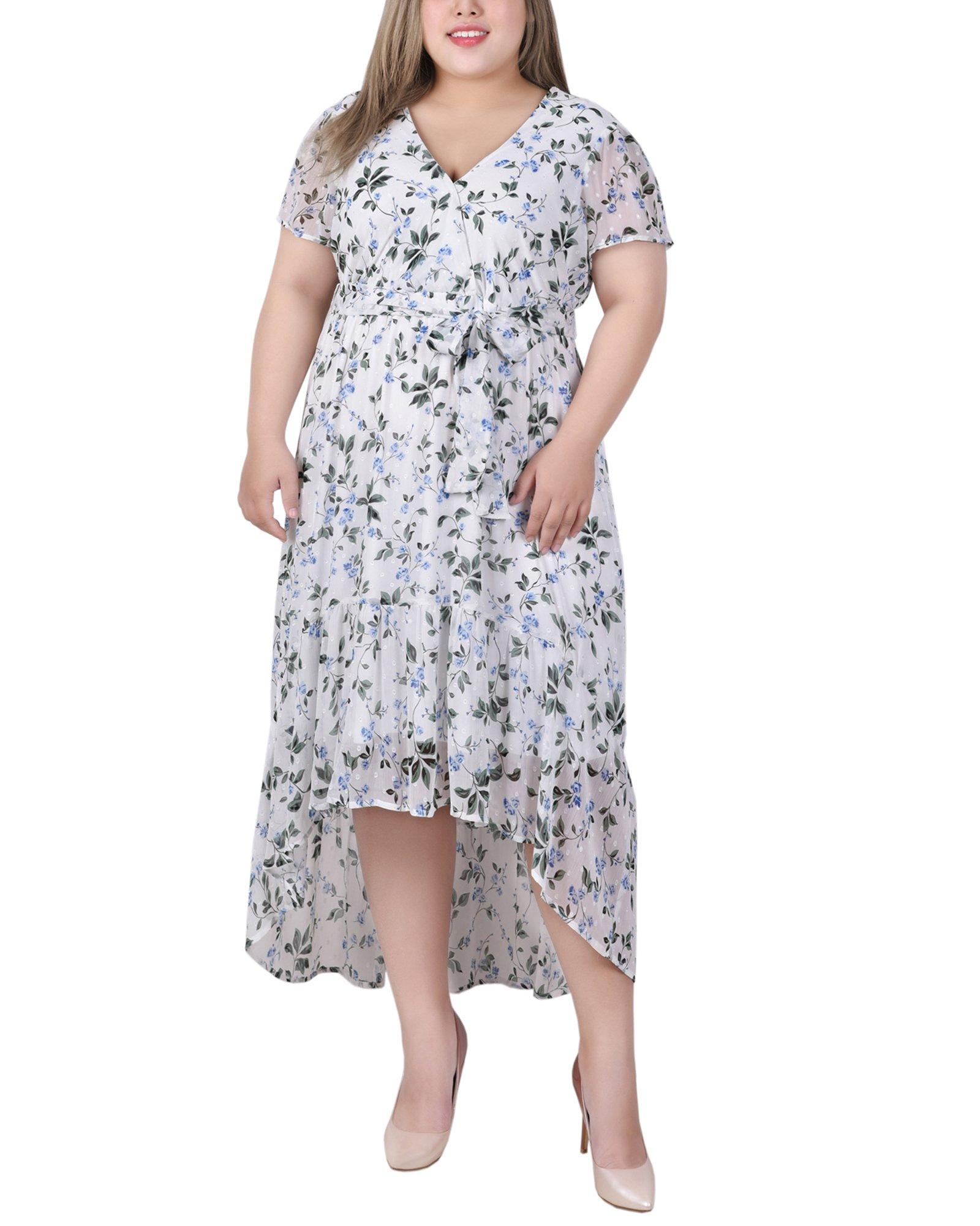 Womens Plus Size Short Sleeve Hankerchief Hem Chiffon Dress