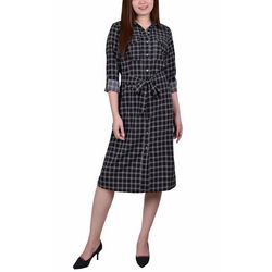 NY Collection Petite Grid Print Belted Shirt Dress