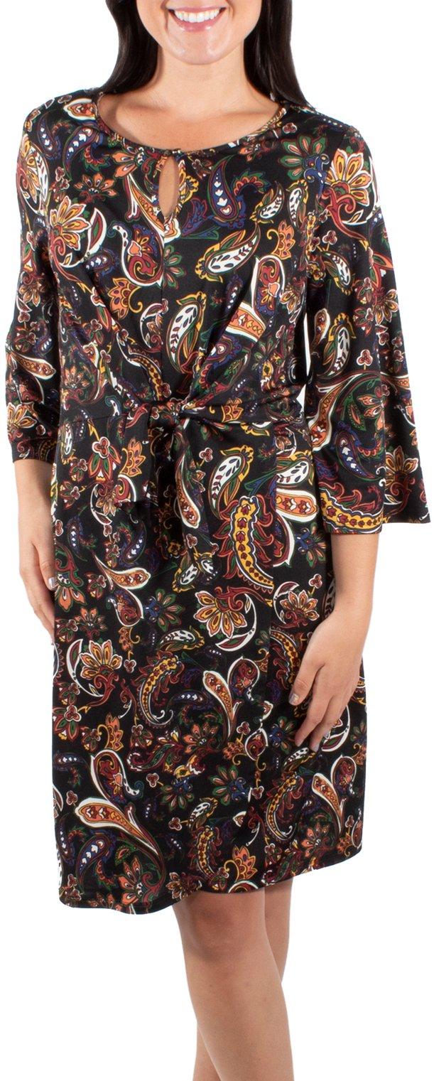 Womens Paisley Flare Sleeve Tie Front Dress