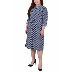NY Collection Plus 3/4 Roll Tab Sleeve Belted Shirtdress