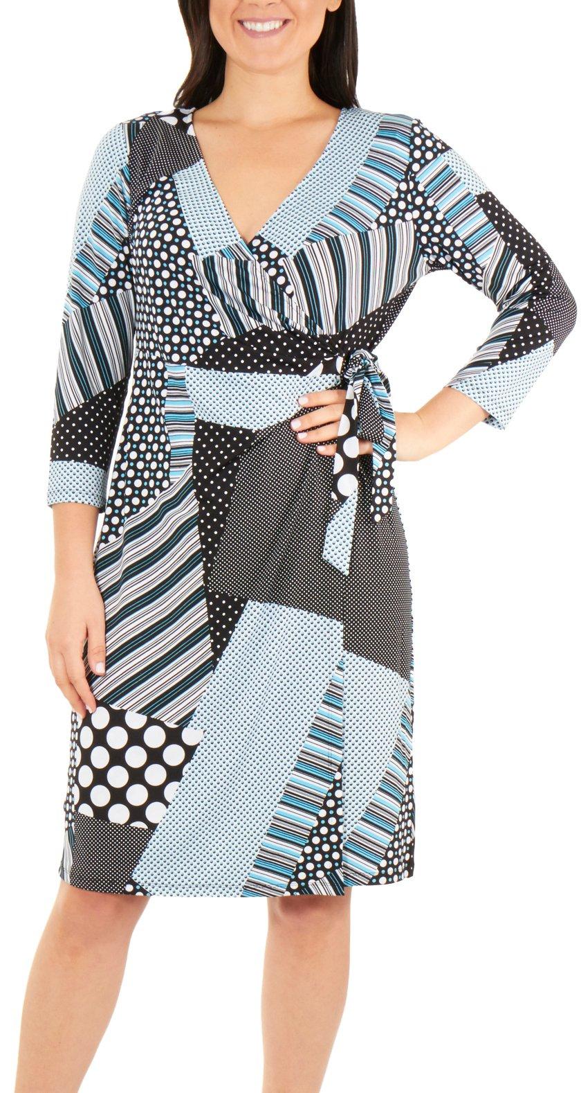 NY Collection Womens Patchwork Tie Front Wrap Dress