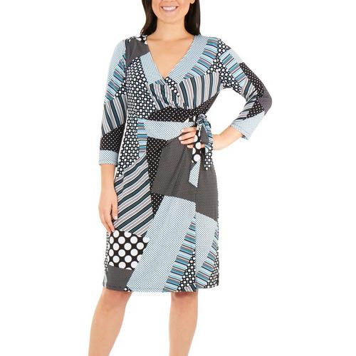 NY Collection Womens Patchwork Tie Front Wrap Dress