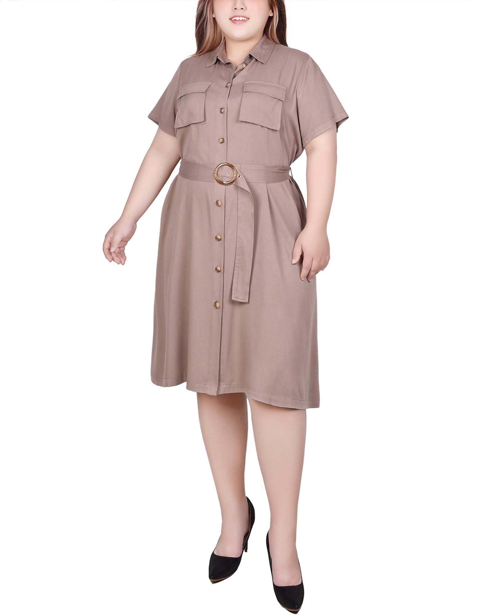 NY Collection Womens Short Sleeve Safari Style Dress