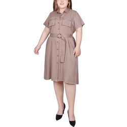 NY Collection Womens Short Sleeve Safari Style Dress