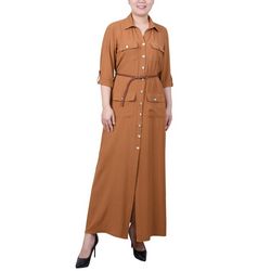 NY Collection Womens 3/4 Sleeve Safari Belted Shirtdress