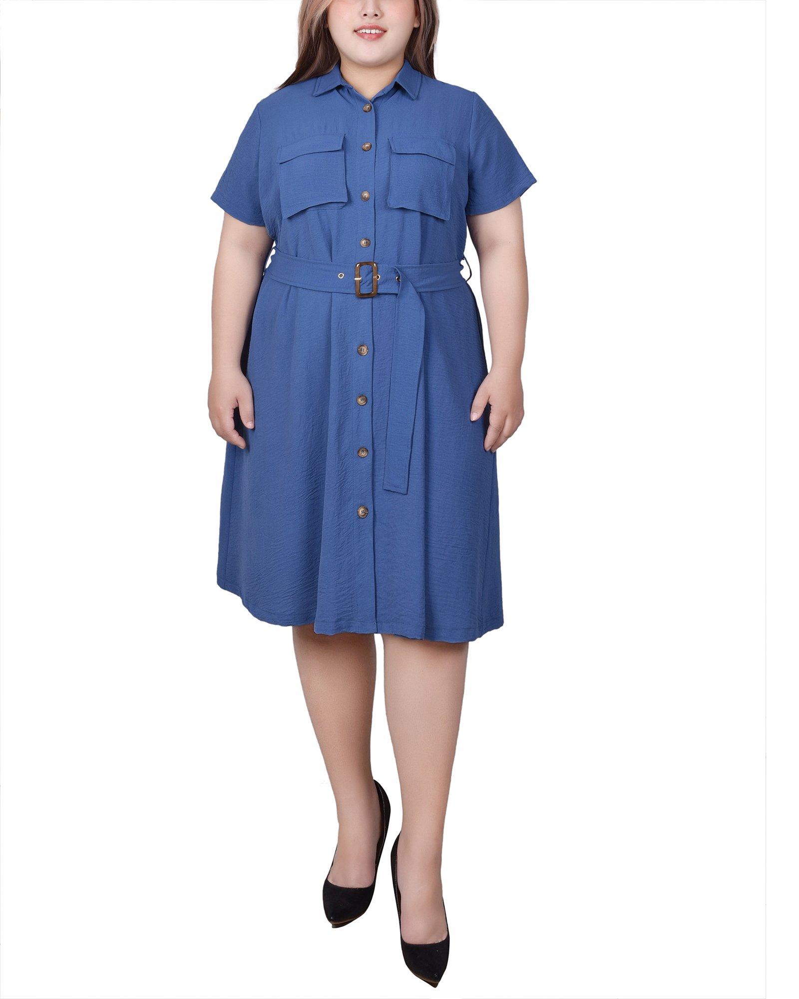NY Collection Womens Short Sleeve Belted Shirtdress