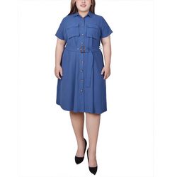 NY Collection Womens Short Sleeve Belted Shirtdress