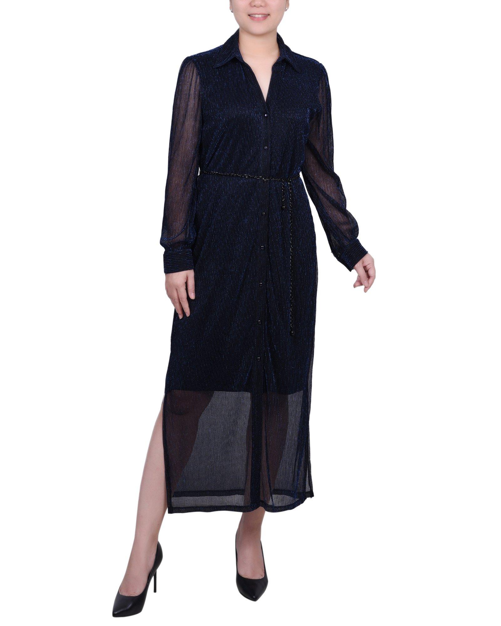NY Collection Womens Long Sleeve Plisse Mesh Dress