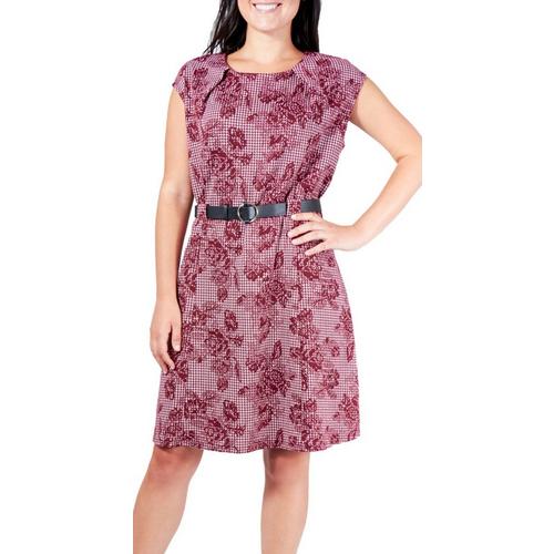 NY Collection Womens Belted Floral Dogtooth Dress