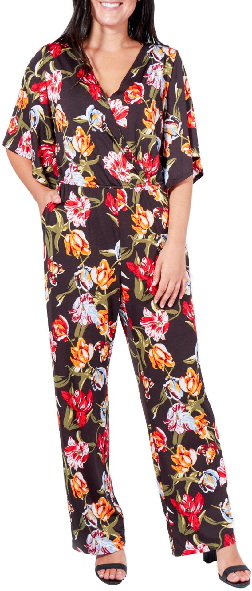 NY Collection Womens Floral Angel Sleeve Jumpsuit