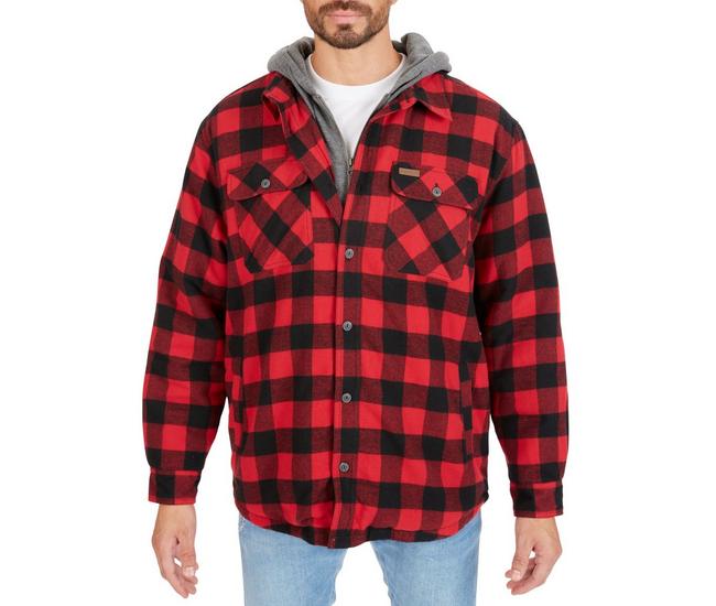 Fleece Lined Red Black Plaid Quilted Flannel Shirt Jacket Medium Mens  Insulated 