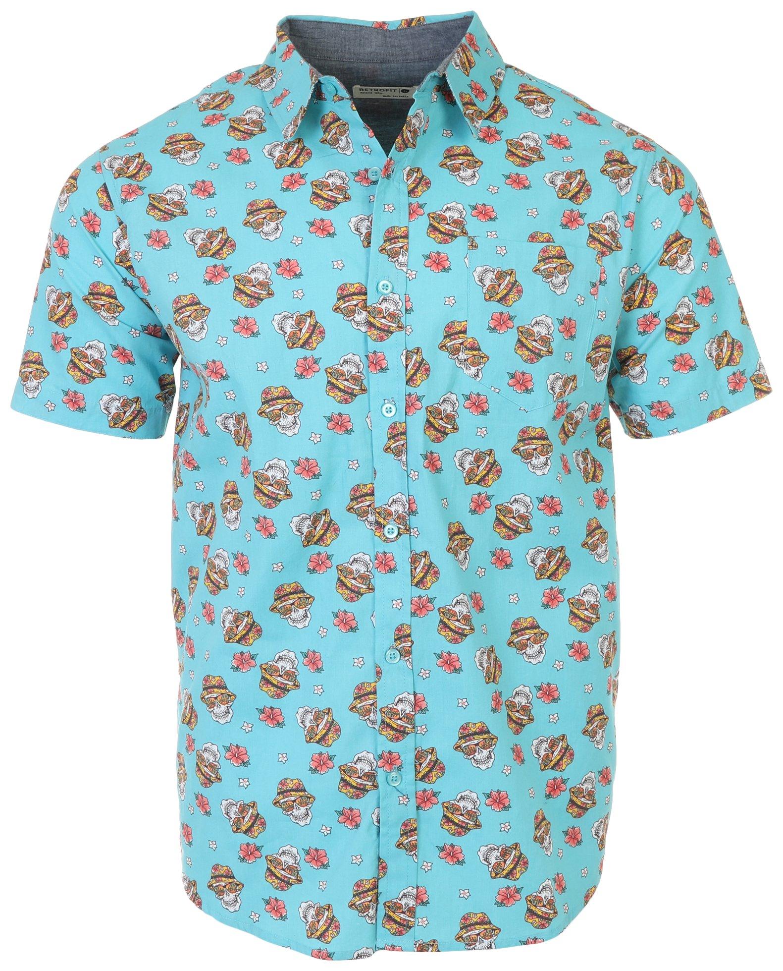 Mens Aloha Halloween Skull Button Up Shirt