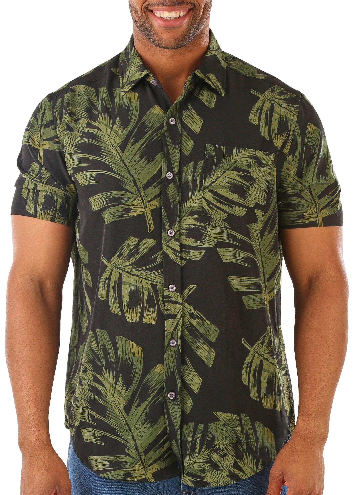 Visitor Mens Tropical Print Button Down Short Sleeve Shirt